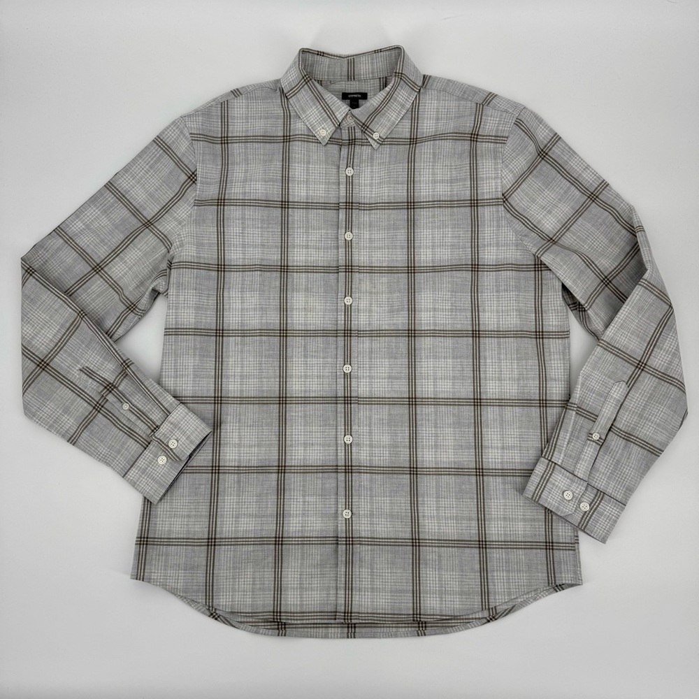 Express neutral plaid button down shirt